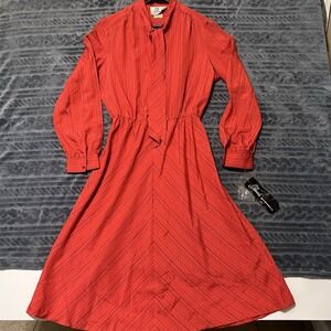 Vintage Parade Orange Red Striped Long Sleeve Button Down Midi Dress Size 14 NWT